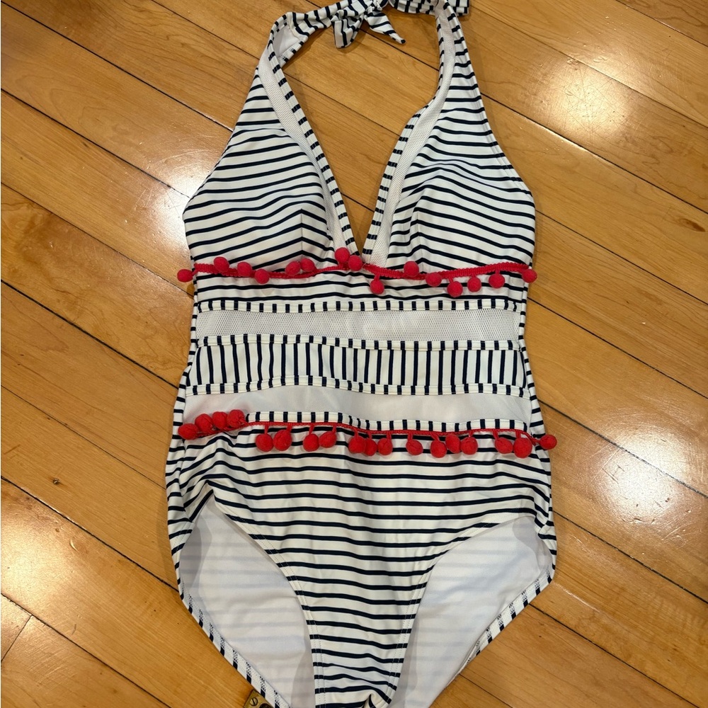Striped Swimwear with Red Accents